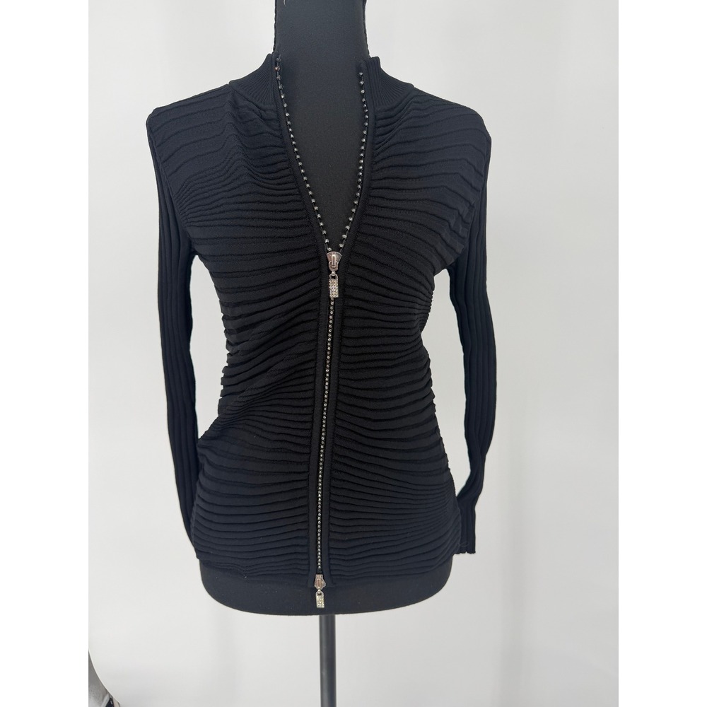 Belldini Black Ribbed Rhinestone Two Way Zip Front Cardigan Sweater PM